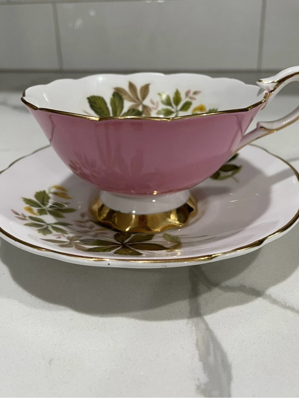 Vintage Royal Stafford #2231 Pink & Green Ivy Bone China Teacup & Saucer